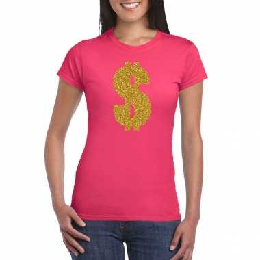 Carnavalspak gangster / gouden dollar t shirt roze dames