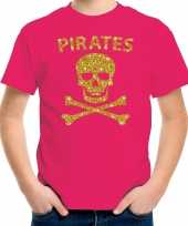 Carnaval piraten t-shirt roze kids gouden glitter bedrukking