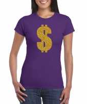 Carnavalspak gangster gouden dollar t-shirt paars dames