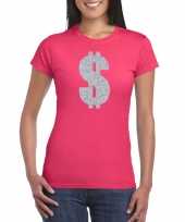 Carnavalspak gangster zilveren dollar t-shirt roze dames