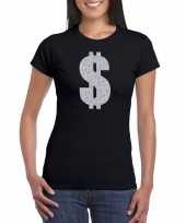 Carnavalspak gangster zilveren dollar t-shirt zwart dames