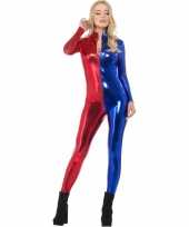 Metallic carnavalspak harlekijn blauw rood